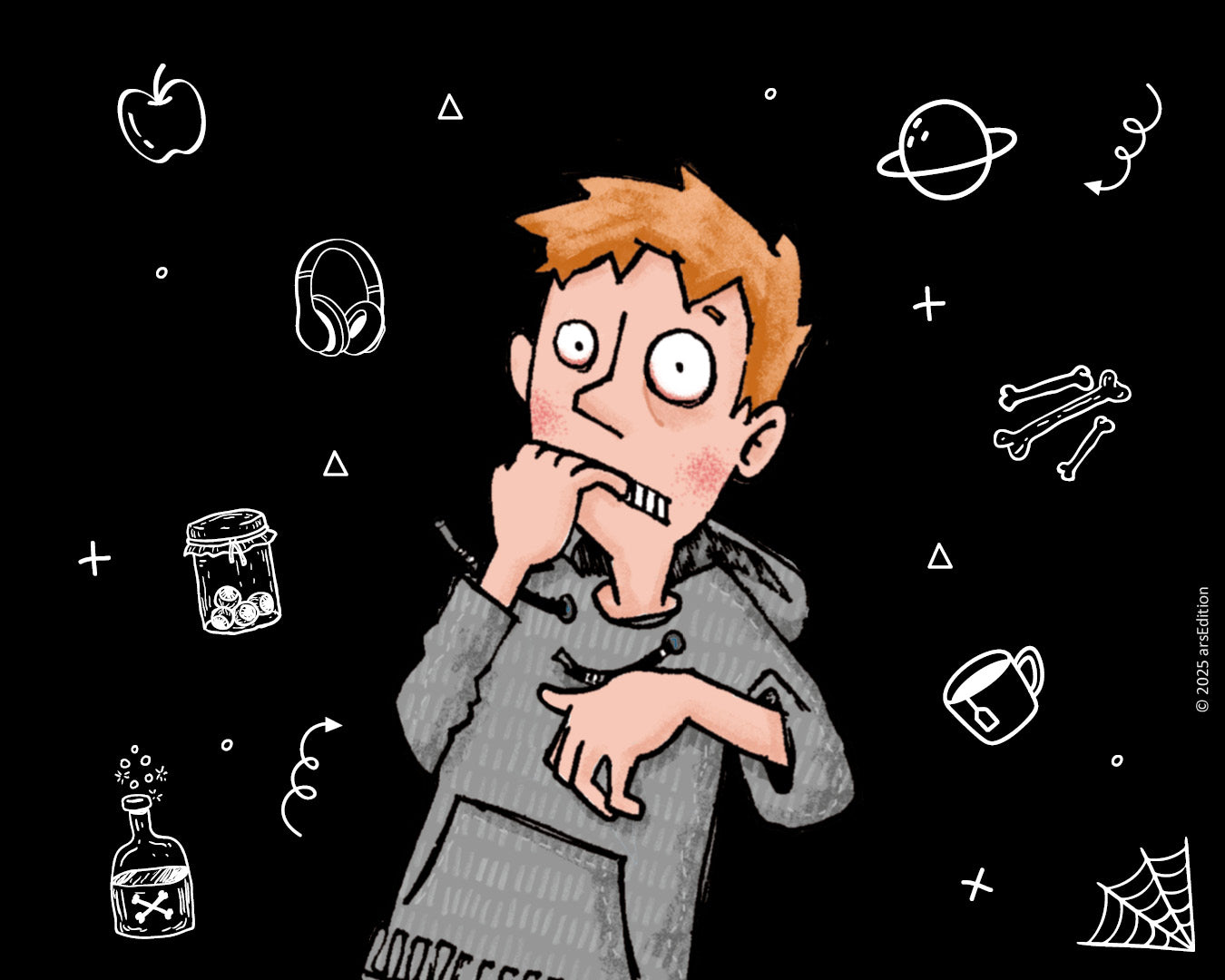 Illustration eines Jungen mit erschrockenem Gesichtsausdruck, der nervös an seinen Fingern kaut. Der Hintergrund ist schwarz und mit verschiedenen weißen Symbolen verziert, darunter ein Planet, Knochen, eine Tasse, ein Apfel, Kopfhörer, ein Einmachglas mit Kugeln, ein Fläschchen mit Gift und ein Spinnennetz.
