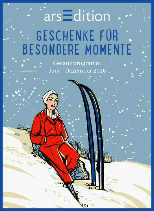 Illustration eines winterlichen Programmvorschau mit hellblauem Hintergrund und weiß fallenden Schneepunkten. Oben stehen Verlagsschriftzug und der Titel „Geschenke für besondere Momente“, darunter „Gesamtprogramm Juni - Dezember 2026“. Unten sitzt eine Person im roten Anzug im Schnee neben aufgestellten Skiern.