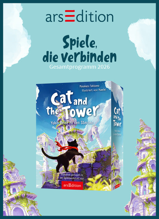 Das Cover für den Vorschaukatalog von arsEdition mit dem Titel: Spiele, die verbinden. Gesamtprogramm 2026. Im Fokus steht das Cover des Spiels Cat and the Tower. Der Hintergrund ist ein blauer Himmel mit weißen Wolken und zwei Türmen.