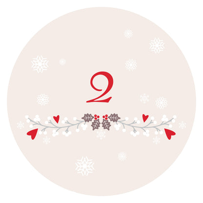 Gezeigt wird eine Innen- oder Zusatzansicht von „Adventskalender in der Dose. Weißt du eigentlich, wie lieb ich dich hab?“. Auf einem zarten, cremigen Hintergrund hebt sich die rote Zahl „2“ hervor, umgeben von stilisierten Schneeflocken sowie einer dekorativen, grafischen Gestaltung mit Herzen und grünen Blättern. Die elegante Schriftart verleiht der Gestaltung eine festliche und liebevolle Atmosphäre.
