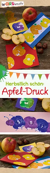 Ein schmaler Banner mit herbstlichem Bastelthema 'Apfel-Druck'. Zu sehen sind bunte Karten mit aufgedruckten Apfelformen in verschiedenen Farben, darunter auch eine Raupe aus lila und blauen Apfeldrucken. Im Hintergrund liegen angeschnittene Äpfel, Kastanien und herbstliche Blätter auf einem Holztisch. Oben links das Logo von arsEdition mit dem Schriftzug 'ARS kreativ'.