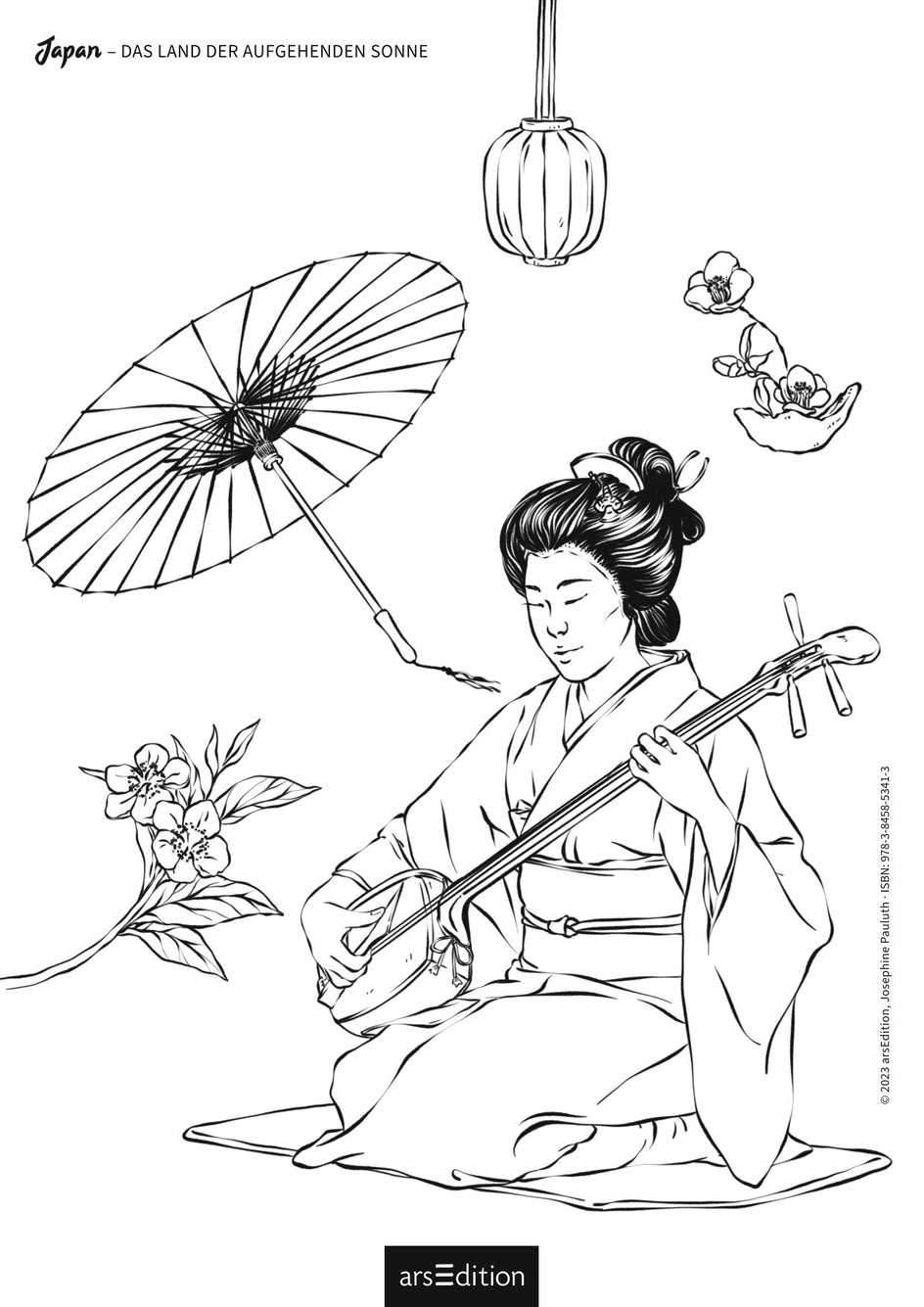 Japanische Frau in traditioneller Kleidung spielt eine Shamisen, umgeben von Kirschblüten, einem Papierschirm und hängenden Laternen.