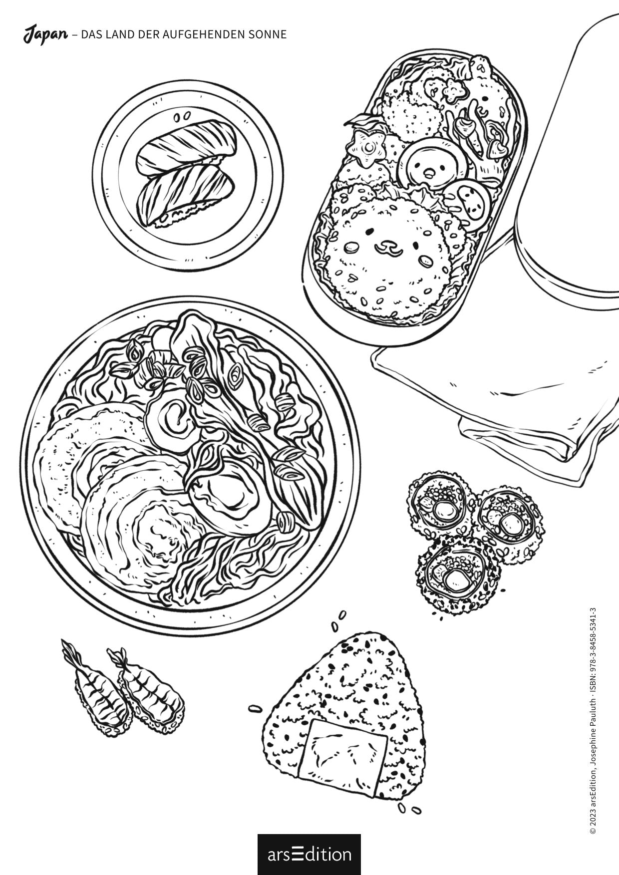 Schwarz-weiß-Illustration japanischer Speisen, darunter Sushi, Ramen, ein Bento, Onigiri, Garnelen und Desserts.