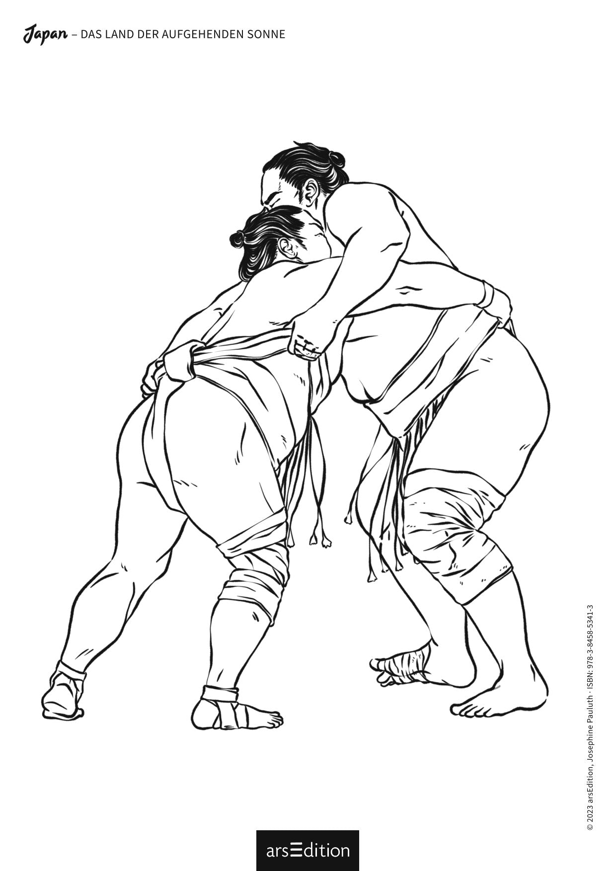 Schwarz-weiß-Zeichnung von zwei Sumo-Ringern in einem traditionellen Ringkampf, dargestellt in enger Umklammerung.