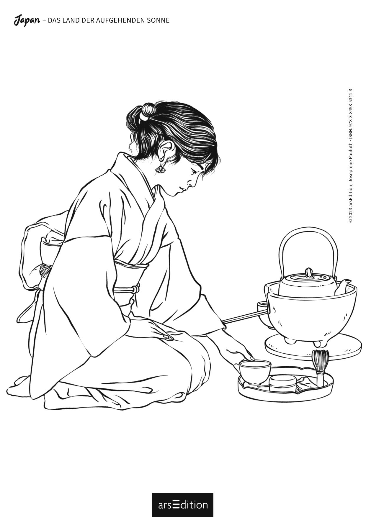Schwarz-weiß-Zeichnung einer Frau in traditionellem Kimono, kniend bei einer Teezeremonie mit Teekanne, Schalen und Utensilien.