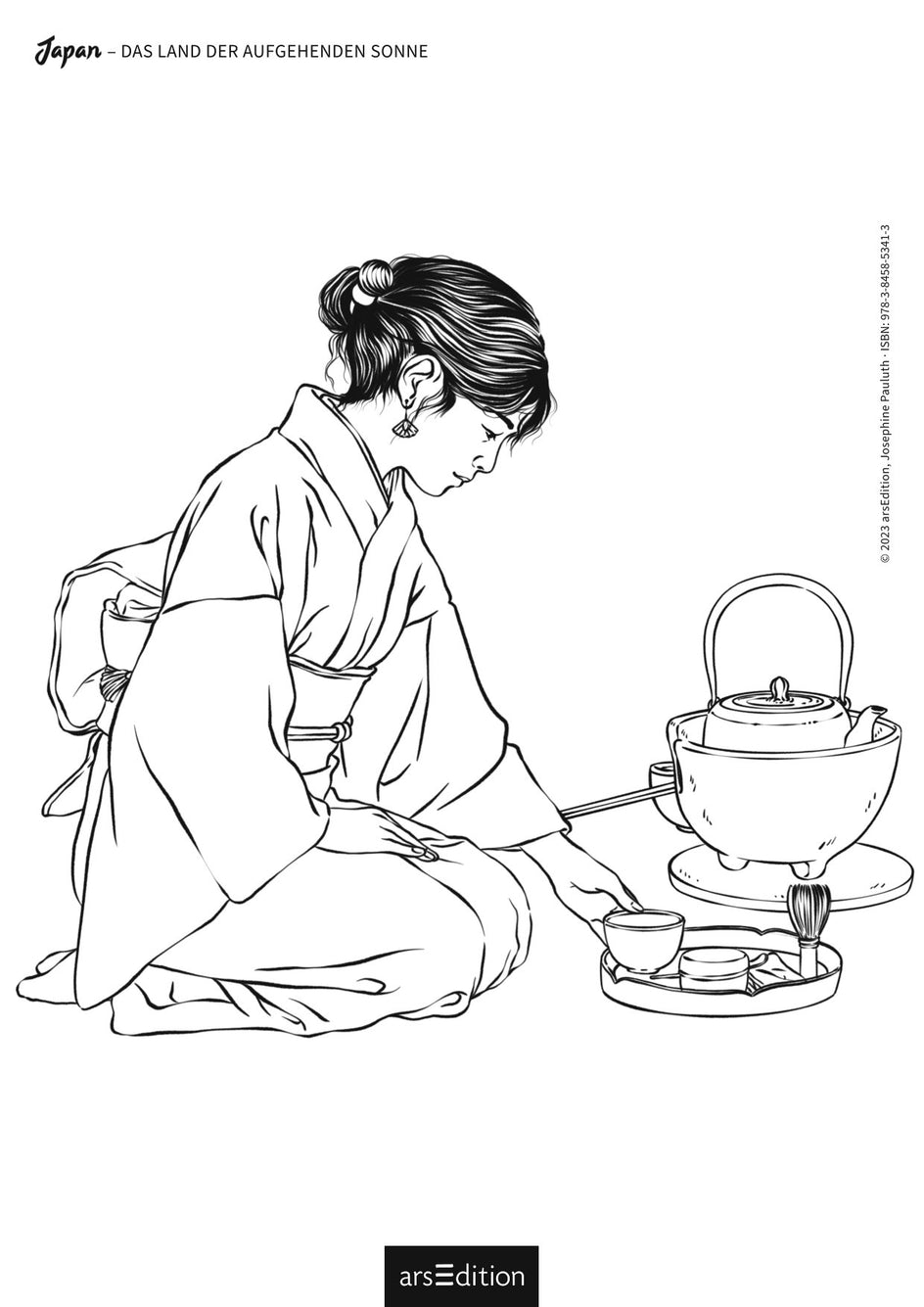 Schwarz-weiß-Zeichnung einer Frau in traditionellem Kimono, kniend bei einer Teezeremonie mit Teekanne, Schalen und Utensilien.
