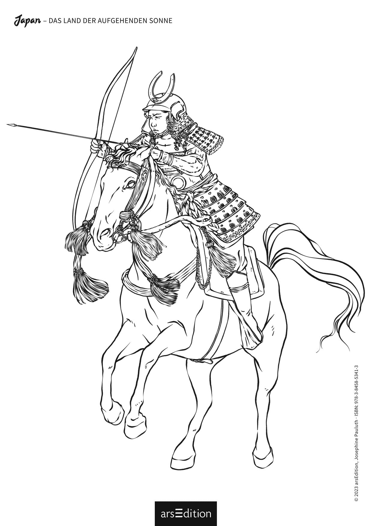 Schwarz-weiß-Zeichnung eines Samurai in traditioneller Rüstung, auf einem Pferd reitend, mit gespanntem Bogen und Pfeil.