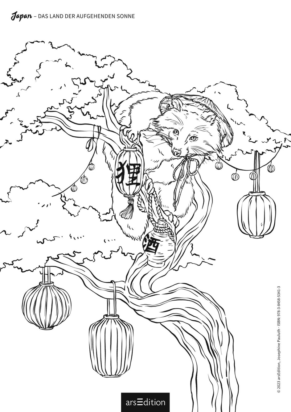 Schwarz-weiß-Zeichnung eines Tanuki (japanischer Marderhund), der auf einem Baum sitzt, umgeben von hängenden Laternen und traditionellen Sake-Flaschen.