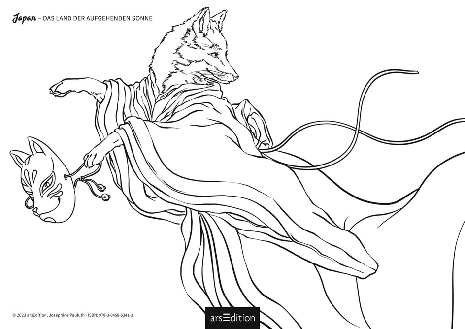 Schwarz-weiß-Zeichnung eines Fuchswesens in einem fließenden Kimono, das eine traditionelle Kitsune-Maske in der Hand hält.