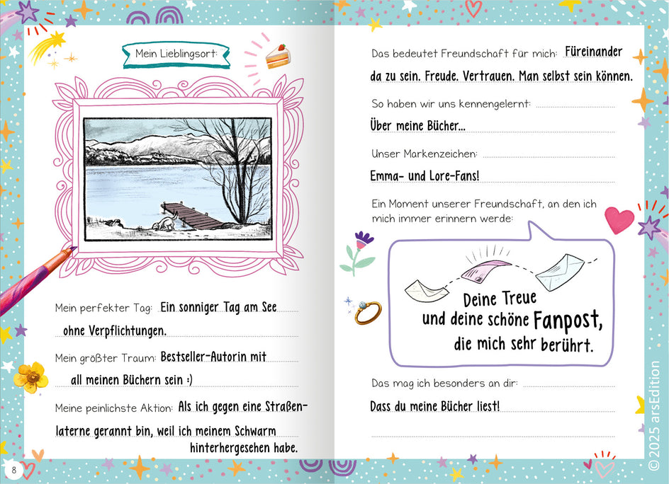 Zweite Seite des Freundebucheintrags von Natalie Buchholz mit einem gezeichneten Bild eines Sees als Lieblingsort. Enthält persönliche Angaben wie perfekter Tag, größter Traum und peinlichste Aktion. Auf der rechten Seite Gedanken zu Freundschaft, Erinnerungen und eine Dankesbotschaft für Fanpost, dekoriert mit Illustrationen von Herzen, Blumen und Briefen.