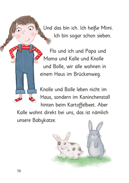 Gezeigt wird eine Innen- oder Zusatzansicht von „Ziemlich beste Schwestern – Quatsch mit Soße“. Die Seite zeigt ein illustriertes Mädchen mit Zöpfen in einem roten gestreiften Oberteil und blauen Latzhosen. Der Text ist in gut lesbarer, schwarzer Schrift gehalten und beschreibt die Charaktere der Geschichte. Außerdem sieht man zwei Kaninchen umgeben von einer hellen Hintergrundfarbe.