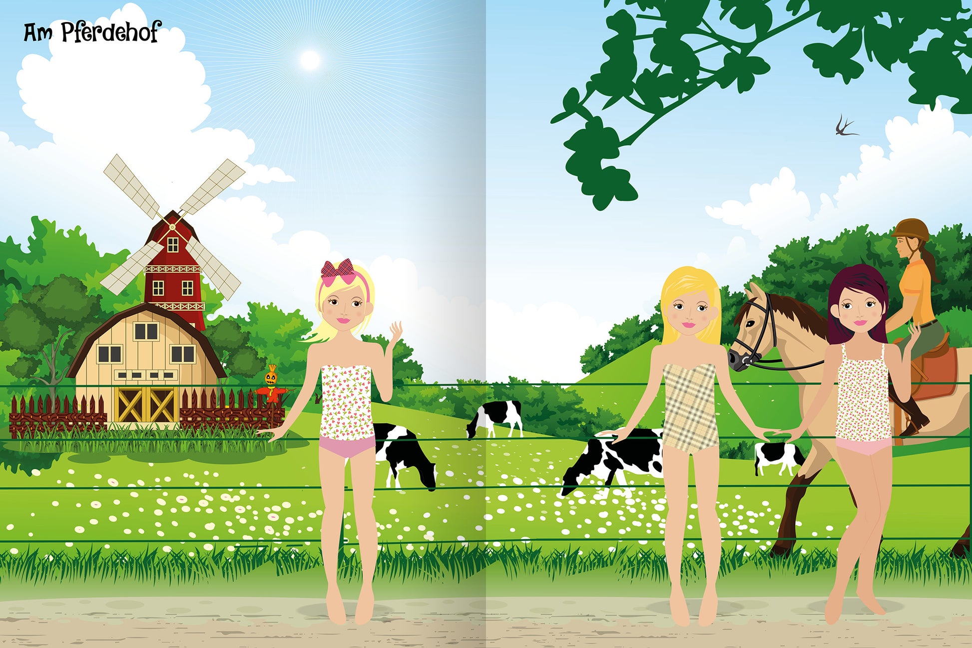 Gezeigt wird eine Innen- oder Zusatzansicht von „Sticker-Anziehpuppen – Reiterhof“. Die Illustration zeigt drei Figuren in farbenfrohen Bodys vor einer ländlichen Kulisse mit einer Windmühle und grünen Wiesen. Die Mädchen stehen auf einem Pfad vor Kühen, Hügeln und Bäumen. Die Typografie ist kindgerecht, der Hintergrund besteht aus sanften Farbtönen von Grün und Blau, während die Figuren lebendig mit einem Fokus auf freundliche Gesichtsausdrücke dargestellt sind.
