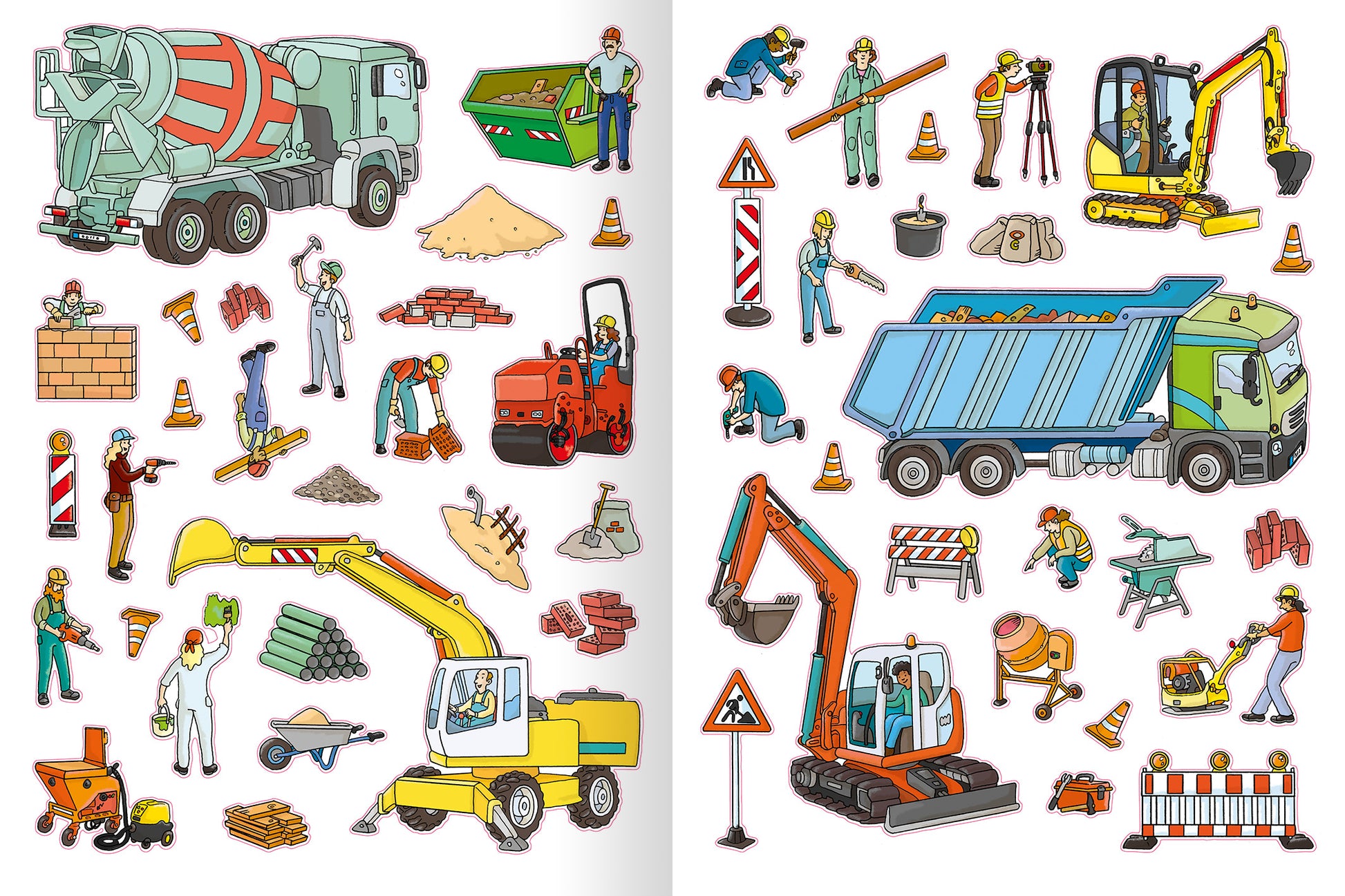 Gezeigt wird eine Innen- oder Zusatzansicht von „Erstes Stickern – Baustelle“. Die Seite zeigt eine bunte Ansammlung von Baustellenmotiven, darunter Betonmischer, Bagger, Zäune und Arbeiter in verschiedenen Situationen. Die Farben sind leuchtend und vielfältig, vorwiegend Gelb, Grün, Blau und Rot.