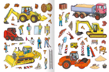Gezeigt wird eine Innen- oder Zusatzansicht von „Erstes Stickern – Baustelle“. Die Seite zeigt eine bunte Ansammlung von Baustellenmotiven, darunter Betonmischer, Bagger, Zäune und Arbeiter in verschiedenen Situationen. Die Farben sind leuchtend und vielfältig, vorwiegend Gelb, Grün, Blau und Rot.