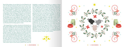 Gezeigt wird eine Innen- oder Zusatzansicht von „24 Katzengeschichten für den Advent“. Die linke Seite enthält einen Text in eleganter grüner Schrift, umgeben von dekorativen Elementen wie Sternen und geschwungenen Linien. Die rechte Seite zeigt eine Illustration mit zwei Katzen, die in einer weihnachtlichen Kranzanordnung platziert sind, umgeben von roten Schüsseln und grünen Futterboxen. Die Farbpalette bildet eine harmonische Kombination aus Rot, Grün und Hellblau.