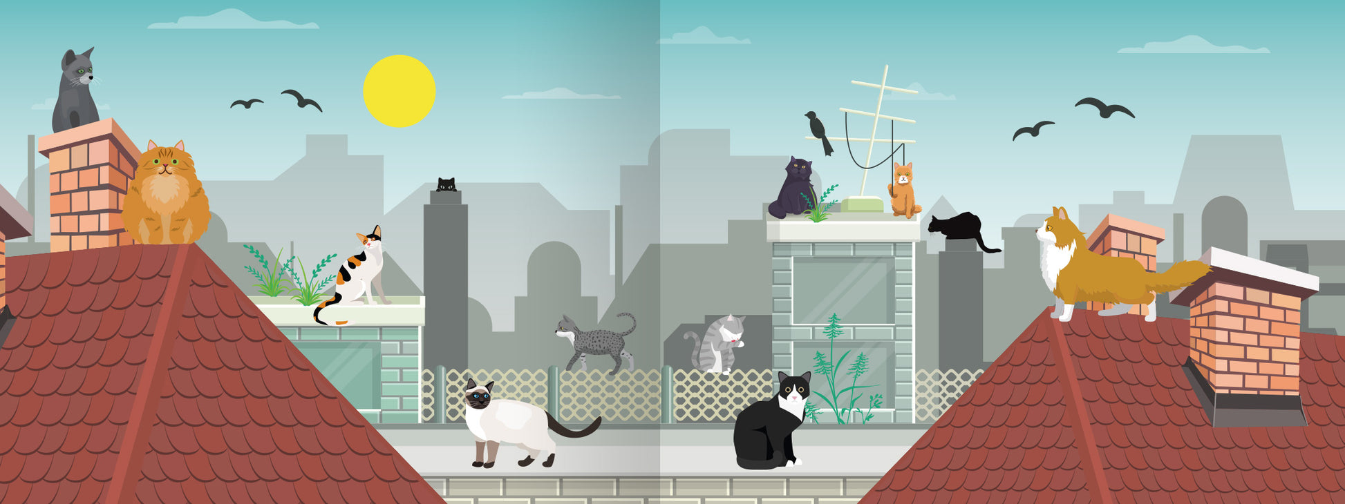 Gezeigt wird eine Innen- oder Zusatzansicht von „24 Katzengeschichten für den Advent“. Die Illustration zeigt eine lebhafte Szene auf Dächern mit mehreren Katzen in verschiedenen Farben wie Grau, Schwarz, Orange und Weiß. Die Hintergründe sind in sanften Blautönen gehalten und stellen eine städtische Umgebung dar, während eine strahlende Sonne und fliegende Vögel die fröhliche Atmosphäre verstärken. Die Typografie ist verspielt und kindgerecht, passend zum Adventsthema.