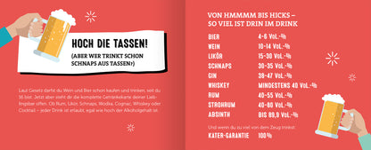 Gezeigt wird eine Innen- oder Zusatzansicht von „Volljährig für Einsteiger“. Die Seite hat einen roten Hintergrund und umfasst farbenfrohe Illustrationen von Getränken, darunter ein Bierkrug. Der Titel „HOCH DIE TASSEN!“ ist in großer, schwarzer Typografie hervorgehoben. Rechts befindet sich eine Tabelle mit Getränkekategorien und ihren Alkoholgehalten, die in klarer, leserlicher Schrift dargestellt sind. Grafische Elemente, wie kleine Schneeflocken, ergänzen das Design.