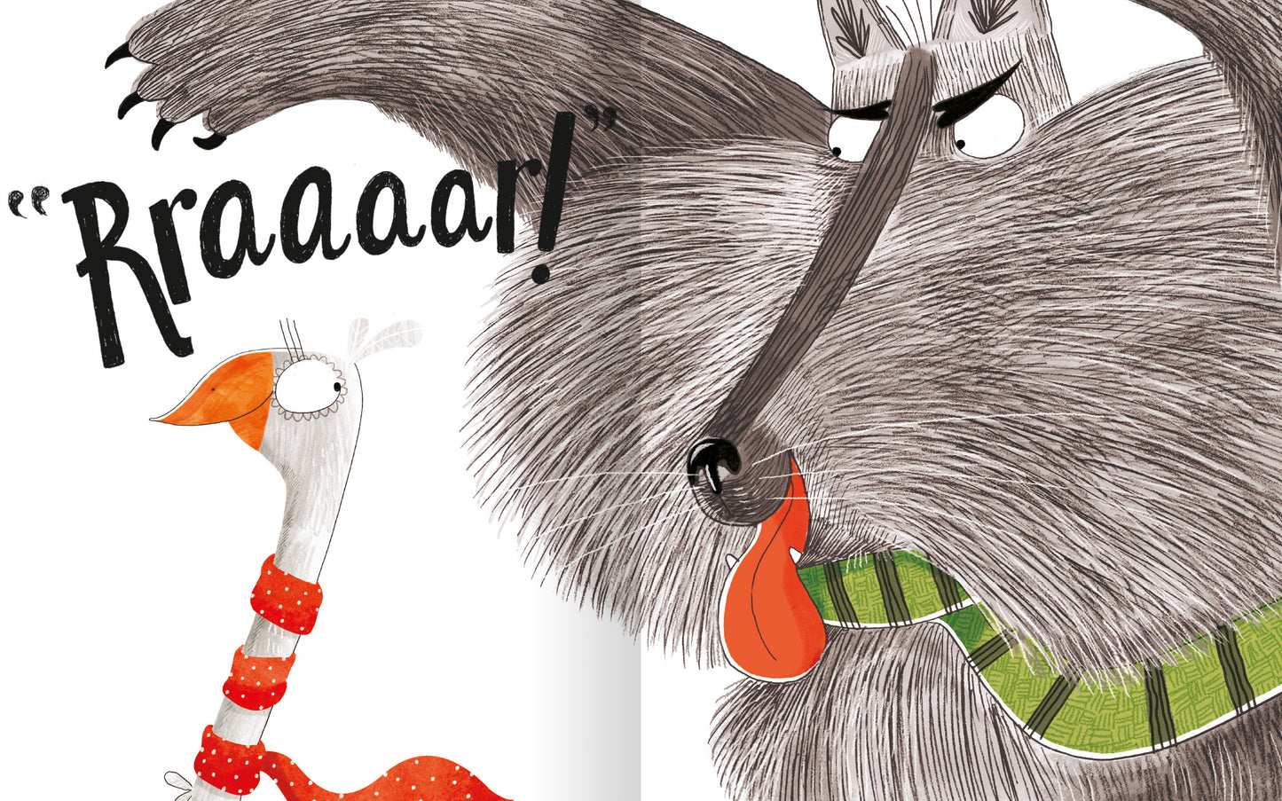 Gezeigt wird eine Innen- oder Zusatzansicht von „Frida Furchtlos lädt zum Tee“. In der Illustration sind eine mutige Gans in einem roten Punktkleid und ein grimmig dreinblickender Wolf zu sehen. Die Gans hat einen orangefarbenen Schnabel und zeigt ein selbstbewusstes Auftreten. Der Wolf hat ein graues, strubbeliges Fell und einen herausgestreckten Zunge. Im Hintergrund leuchtet eine bunte Typografie mit dem Wort „Rraaaaar!“, das dem Bild Dynamik verleiht.