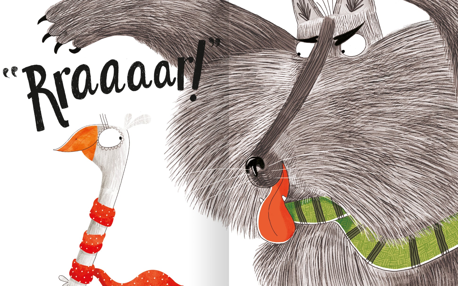 Gezeigt wird eine Innen- oder Zusatzansicht von „Frida Furchtlos lädt zum Tee“. In der Illustration sind eine mutige Gans in einem roten Punktkleid und ein grimmig dreinblickender Wolf zu sehen. Die Gans hat einen orangefarbenen Schnabel und zeigt ein selbstbewusstes Auftreten. Der Wolf hat ein graues, strubbeliges Fell und einen herausgestreckten Zunge. Im Hintergrund leuchtet eine bunte Typografie mit dem Wort „Rraaaaar!“, das dem Bild Dynamik verleiht.