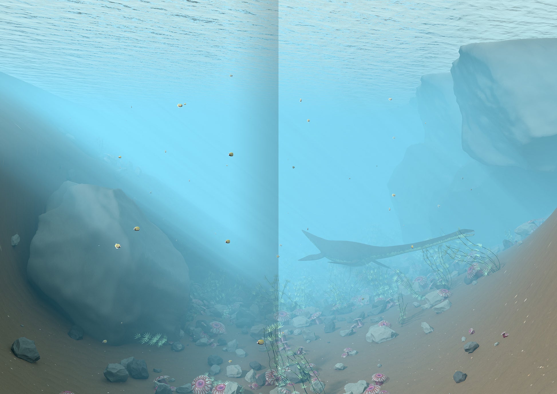 Gezeigt wird eine Innen- oder Zusatzansicht von „Meine Sticker-Dinos“. Die Darstellung zeigt eine verträumte Unterwasserlandschaft mit sanften Blau- und Grüntönen. Bunte Felsen und Pflanzen sind am Boden verteilt, während das Licht gefiltert durch die Wasseroberfläche sanfte Reflexionen erzeugt.