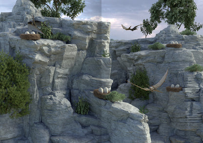 Gezeigt wird eine Innen- oder Zusatzansicht von „Meine Sticker-Dinos“. Die Illustration zeigt eine realistisch gezeichnete felsige Landschaft mit mehreren Nestern, in denen große Eier liegen. Einige Bäume und Sträucher sind im Vordergrund sichtbar. Im Hintergrund fliegen zwei Dinosaurier durch den Himmel. Die Farben sind überwiegend gedeckt in Grautönen, während die Eier und Pflanzen lebendigere Akzente setzen. Die Bildkomposition ist klar und vermittelt eine beruhigende, natürliche...