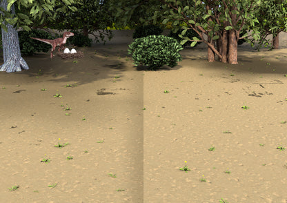 Gezeigt wird eine Innen- oder Zusatzansicht von „Meine Sticker-Dinos“. Die Darstellung zeigt eine realistisch dargestellte Landschaft mit sandigem Boden, umgeben von verschiedenen Pflanzen und Bäumen. Im Hintergrund ist ein Dinosaurier zu sehen, der ein Nest bewacht. Die Farben sind überwiegend erdige Töne mit lebendigen Grüntönen der Vegetation.