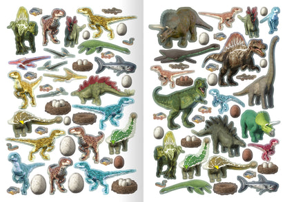 Gezeigt wird eine Innen- oder Zusatzansicht von „Meine Sticker-Dinos“. Die Ansicht zeigt eine bunte Auswahl an Dinosaurier-Stickern in verschiedenen Farben, darunter Grün, Blau, Braun und Rot. Zu sehen sind zudem detailreiche Elemente wie Dinosaurier-Eier, Fossilien und Pflanzen.