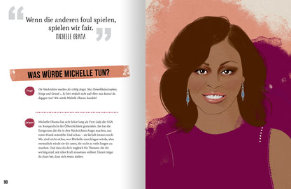 Gezeigt wird eine Innen- oder Zusatzansicht von „Power Women – Geniale Ideen mutiger Frauen“. Auf der linken Seite befindet sich ein Zitat von Michelle Obama, hervorgehoben durch eine große, elegante Schrift in Schwarz, umgeben von einem hellen Hintergrund. Die rechte Seite zeigt eine stilisierte Illustration von Michelle Obama mit braunen Haaren und einem violetten Kleid. Der Hintergrund ist in einem sanften Rosa gehalten, was die Darstellung unterstreicht. Typografie und Farben...