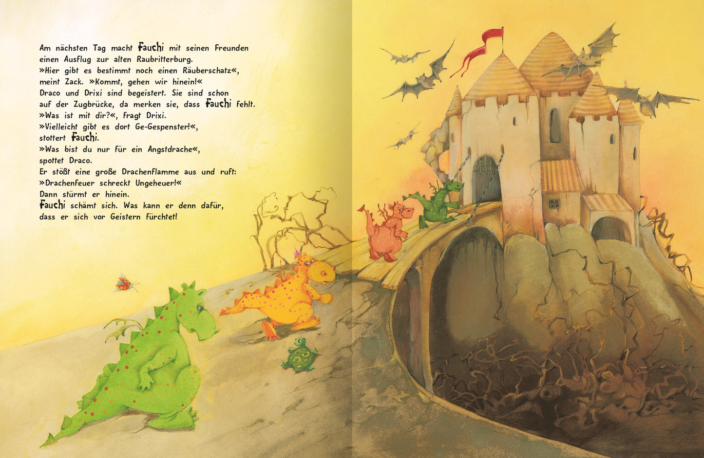 Gezeigt wird eine Innen- oder Zusatzansicht von „Der kleine Trotzdrache“. Die Seite zeigt ein lebhaftes Bild mit einem bunten Drachen und einer Burg im Hintergrund. Der Drache in leuchtendem Grün steht auf einer unebenen Landschaft, während orangefarbene und gelbe Drachen um ihn herum sind. Die Burg hat spitze Türme und ist von fliegenden Fledermäusen umgeben. Der Text ist in einer freundlichen, kindgerechten Schriftart angeordnet und ergänzt die bildliche Darstellung.