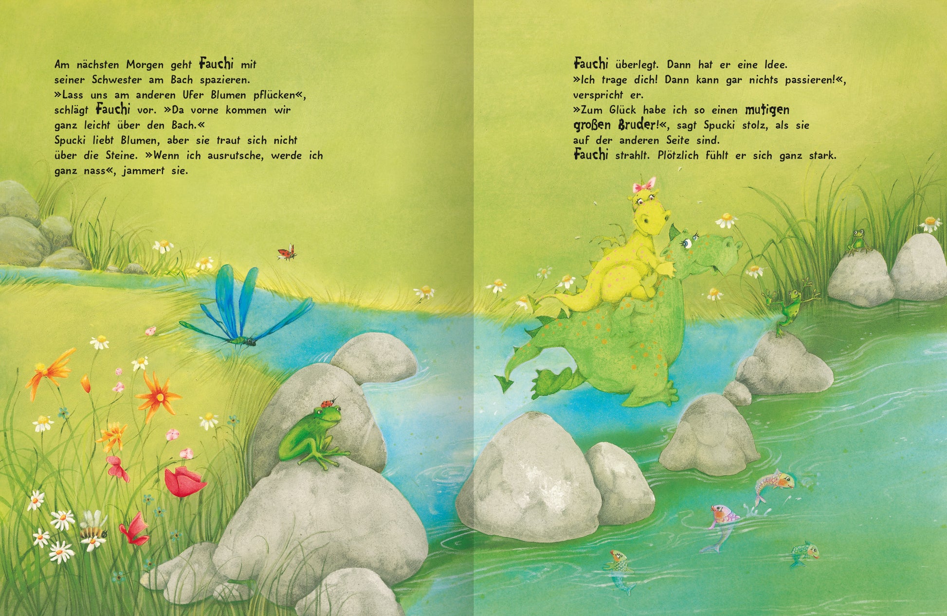 Gezeigt wird eine Innen- oder Zusatzansicht von „Der kleine Trotzdrache“. Die Doppelseite zeigt eine farbenfrohe, kindgerechte Illustration mit einem fließenden, glitzernden Wasserlauf, der von runden Steinen und bunten Blumen umrahmt wird. Auf der linken Seite sitzt ein grüner Frosch, während auf der rechten Seite der kleine Drache mit einem großen, freundlichen Gesicht auf einem Stein thront. Der Hintergrund ist in sanften Grüntönen gehalten, die verspielte Schriftart ergänzt den...