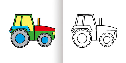 Gezeigt wird eine Innen- oder Zusatzansicht von „Mein erstes dickes buntes Malbuch ab 2“. Auf der linken Seite ist ein farbig gestalteter Traktor in leuchtenden Farben wie Rot, Blau, Gelb und Grün abgebildet. Auf der rechten Seite befindet sich der umrissene Traktor in Schwarz-Weiß, der zum Ausmalen einlädt. Die klare und einfache Konturensetzung fördert die Kreativität der kleinen Künstler.