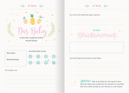 Gezeigt wird eine Innen- oder Zusatzansicht von „Oh Baby!“. Die Seite ist in sanften Pastellfarben gestaltet, überwiegend in Rosa, Hellblau und Gelb. Oben sind zwei stilisierte Ananas und Blätter abgebildet. Der Text „Das Baby ist jetzt etwa so groß und schwer wie eine Ananas“ ist in verspielter Schriftart gehalten. Unterhalb gibt es Felder zur Eintragung von Gewicht, Bauchumfang und Empfindungen, ergänzt durch sympathische Emoticons. Der Abschnitt „Ein kleiner Glücksmoment“...