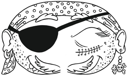 Gezeigt wird eine Innen- oder Zusatzansicht von „Lustige Masken zum Ausmalen“. Die Abbildung zeigt eine lustige Piratenmaske mit charakteristischen Merkmalen, darunter eine Augenklappe und ein Kopftuch mit Punkten. An einem Ohr hängt ein Ohrring, der einen Totenkopf darstellt. Die schwarz-weiße Farbgestaltung regt zur kreativen Ausmalung ein.