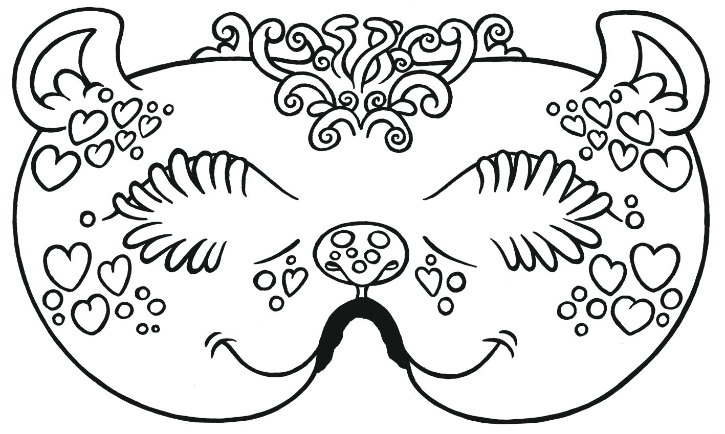 Gezeigt wird eine Innen- oder Zusatzansicht von „Lustige Masken zum Ausmalen“. Die Abbildung zeigt eine niedliche Maskenzeichnung in Form eines Tieres mit großen Augen, umrahmt von geschwungenen Wimpern. Um die Augen herum sind Herzen in verschiedenen Größen verteilt. Oben auf der Maske befindet sich eine verspielte, lockige Ornamentgestaltung und zwei Tierohren. Die gesamte Komposition ist klar umrissen, bereit zum Ausmalen in bunten Farben.