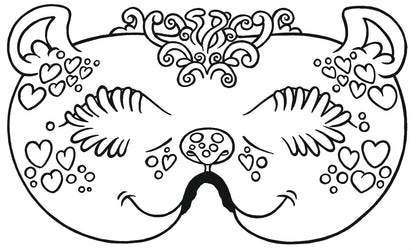 Gezeigt wird eine Innen- oder Zusatzansicht von „Lustige Masken zum Ausmalen“. Die Abbildung zeigt eine niedliche Maskenzeichnung in Form eines Tieres mit großen Augen, umrahmt von geschwungenen Wimpern. Um die Augen herum sind Herzen in verschiedenen Größen verteilt. Oben auf der Maske befindet sich eine verspielte, lockige Ornamentgestaltung und zwei Tierohren. Die gesamte Komposition ist klar umrissen, bereit zum Ausmalen in bunten Farben.