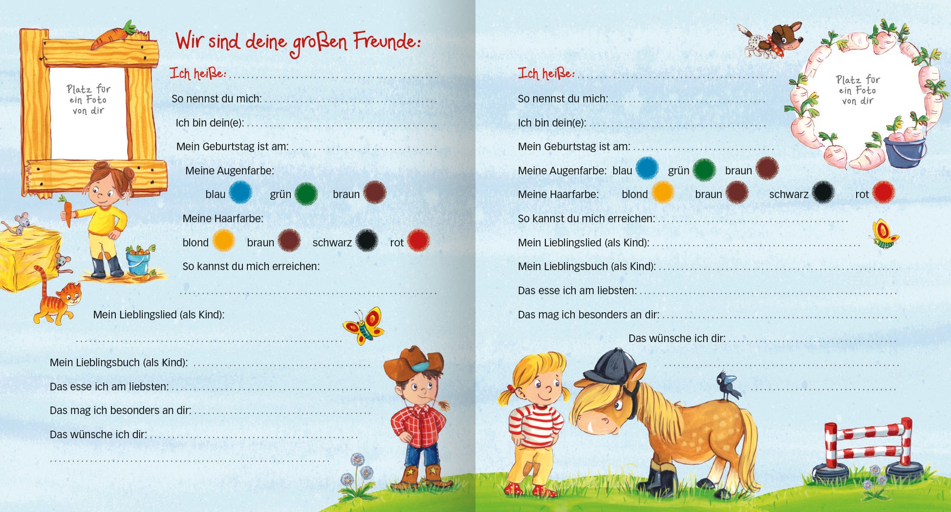 Gezeigt wird eine Innen- oder Zusatzansicht von „Meine Kindergarten-Freunde (Pferde)“. Die Doppelseite enthält eine helle, freundliche Farbgestaltung mit einem blauen Hintergrund. Links befindet sich eine Gestaltung mit einem Rahmen aus einem Holzzaun, in dem ein kleines Kind mit einer roten Kappe steht. Rechts ist ein fröhliches Pferd abgebildet. Bunte Elemente wie Blumen und ein Schmetterling verleihen der Seite Lebendigkeit. Die Schrift ist klar, mit roten und blauen Akzenten, und...