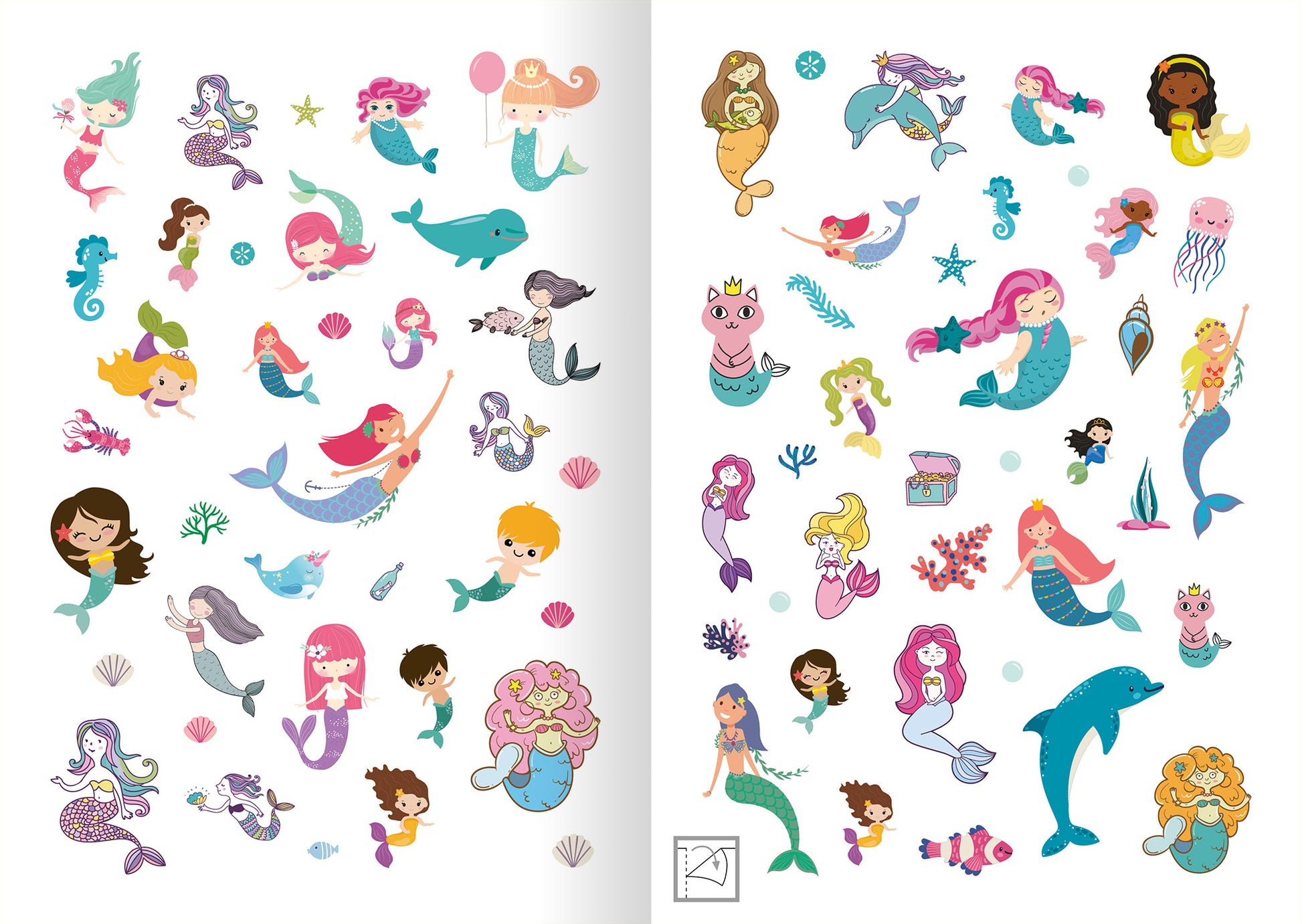 Gezeigt wird eine Innen- oder Zusatzansicht von „Glitzerspaß – Meerjungfrauen-Sticker“. Die Seite zeigt eine bunte Ansammlung von Meerjungfrauen, Fischen und maritimen Elementen auf einem hellen Hintergrund. Die Illustrationen sind in sanften Pastellfarben gehalten, darunter Blau, Grün und Rosa.