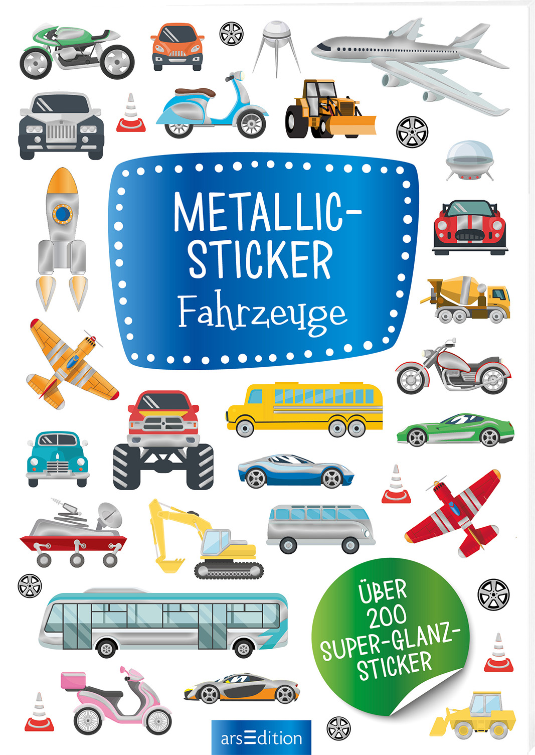 Das Buchcover zeigt eine bunte Ansammlung von verschiedenen Fahrzeugen, darunter Autos, Flugzeuge, Fahrräder und Baumaschinen, die im unteren und mittleren Bereich des Covers angeordnet sind. Die farbenfrohen Illustrationen sind lebhaft und abwechslungsreich, während der Hintergrund in hellem Weiß gehalten ist. In der Mitte prangt ein blauer, ovaler Rahmen mit weißen Punkten, in dem der Titel „METALLIC-STICKER Fahrzeuge“ in auffälliger, verspielter Schrift steht. Unten mittig ist der...