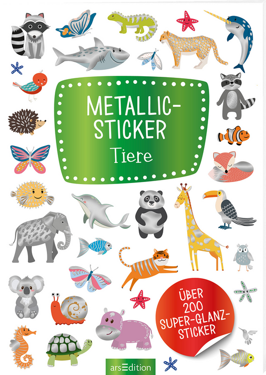 Das Buchcover zeigt eine bunte Zusammenstellung von Tieren in verschiedenen Farben und Stilen, darunter ein Panda, eine Giraffe und ein Narwal. Die Tiere sind liebevoll illustriert und umgeben von kleinen Meerestieren und Insekten. In der oberen Mitte prangt ein hellgrünes, rechteckiges Feld mit dem Titel „METALLIC-STICKER Tiere“ in weißer, verspielter Schrift. Darunter steht der Hinweis „ÜBER 200 SUPER-GLANZ-STICKER“ in orange. Ganz unten mittig steht der Logoschriftzug von...
