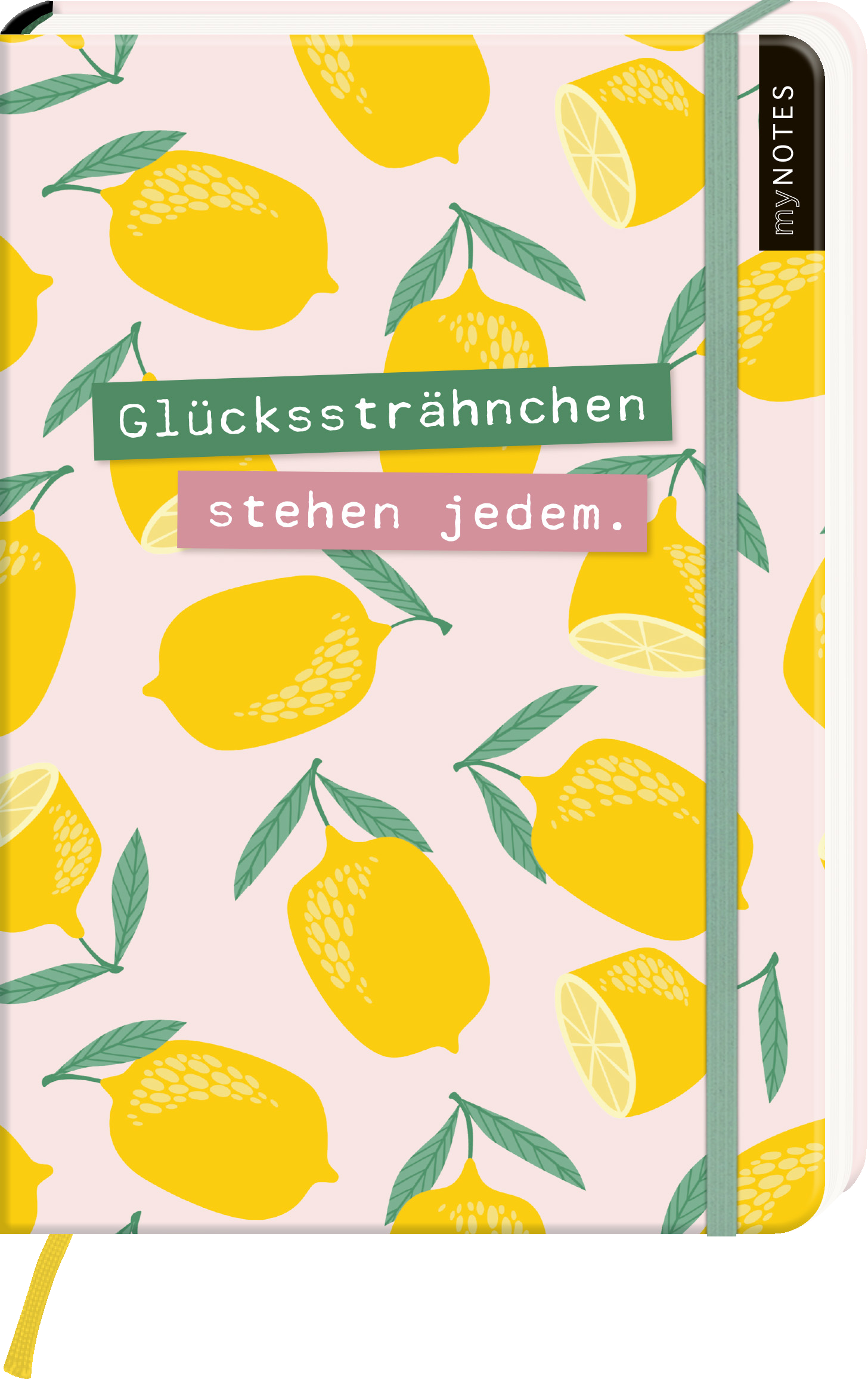 Das Buchcover zeigt eine sanfte rosa Hintergrundfarbe, auf der fröhliche, gelbe Zitronen und grüne Blätter verteilt sind. In der Mitte prangen die Worte „Glückssträhnchen“ in einer grünen Rechteckfläche und darunter „stehen jedem.“ in einer pinken Fläche. Die Schrift ist modern und gut lesbar. Oben rechts befindet sich der schwarze Schriftzug „my NOTES“. Ganz unten mittig steht der Logoschriftzug von arsEdition.