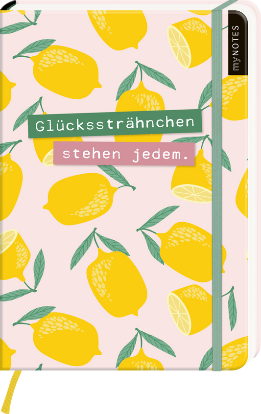 Das Buchcover zeigt eine sanfte rosa Hintergrundfarbe, auf der fröhliche, gelbe Zitronen und grüne Blätter verteilt sind. In der Mitte prangen die Worte „Glückssträhnchen“ in einer grünen Rechteckfläche und darunter „stehen jedem.“ in einer pinken Fläche. Die Schrift ist modern und gut lesbar. Oben rechts befindet sich der schwarze Schriftzug „my NOTES“. Ganz unten mittig steht der Logoschriftzug von arsEdition.