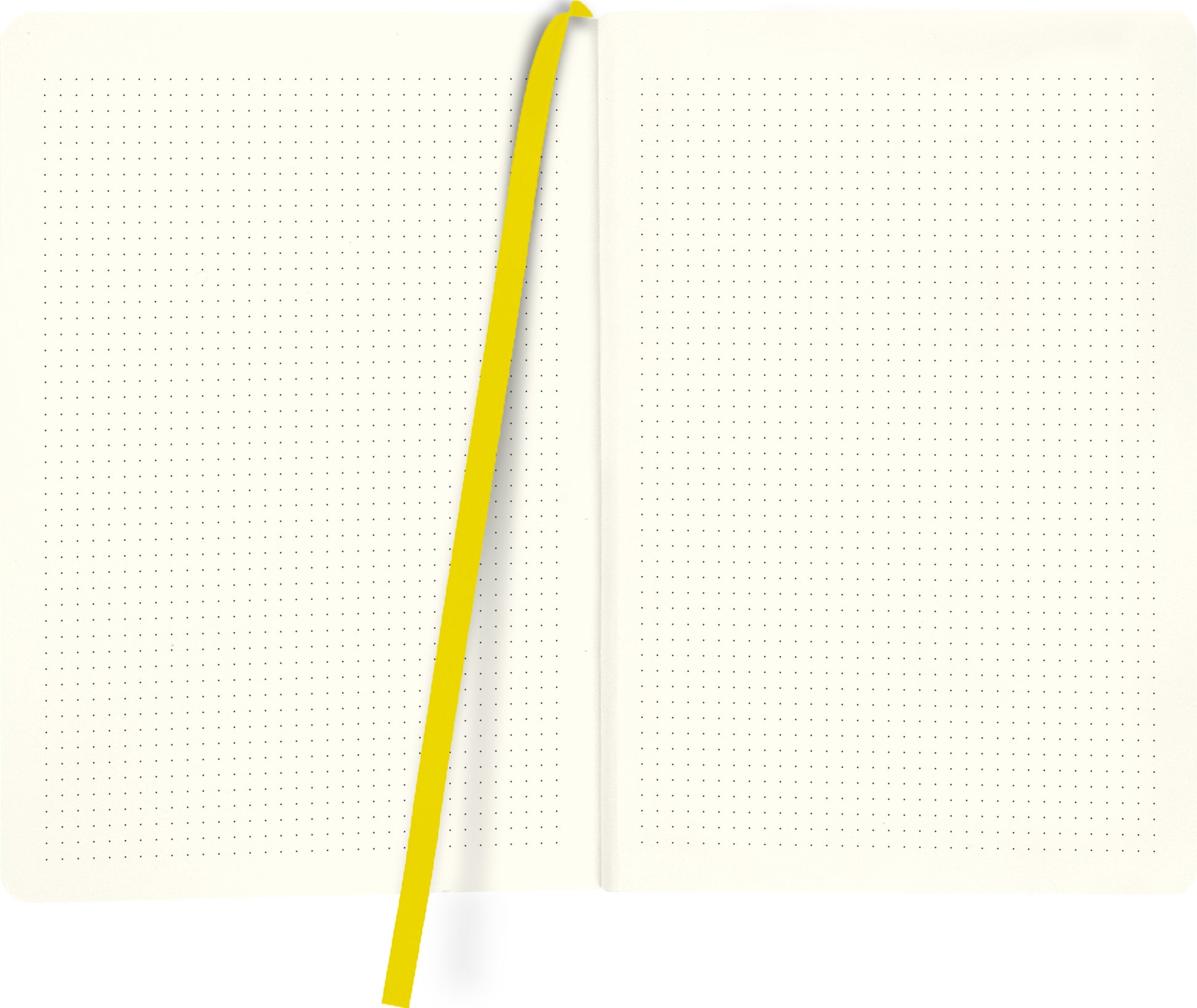 Gezeigt wird eine Innen- oder Zusatzansicht von „myNOTES Notizbuch A5: Glückssträhnchen stehen jedem“. Die Seite ist hell und fein strukturiert mit einem Punktmuster, das eine klare Orientierung für Notizen bietet. Das Papier hat einen sanften, cremigen Farbton. Ein auffälliges, leuchtend gelbes Lesezeichen ragt aus dem Buch und sorgt für eine einfache Navigation. Die Typografie ist klar und modern, was die Lesbarkeit unterstützt.