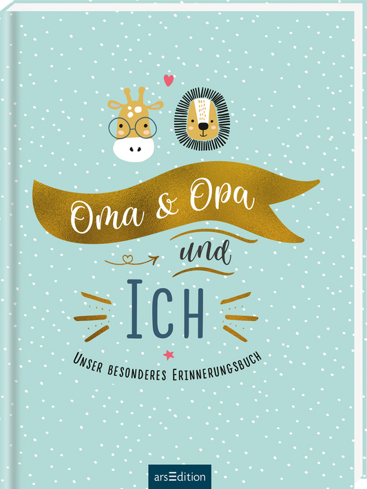 Das Buchcover zeigt einen pastellblauen Hintergrund mit weißen Punkten. In der Mitte ist ein goldener Banner mit der Aufschrift „Oma & Opa“ zu sehen, darunter der hervorgehobene Text „ICH“ in großen grauen Buchstaben. Verspielt sind tierische Illustrationen, darunter eine Giraffe und ein Löwe, sowie kleine Herzen und Sterne. Am unteren Rand steht der Untertitel „Unser besonderes Erinnerungsbuch“. Oben rechts ist ein SPIEGEL-Bestseller-Button platziert. Ganz unten mittig steht...