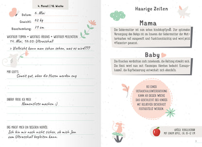 Gezeigt wird eine Innen- oder Zusatzansicht von „Weißt du eigentlich, wie lieb ich dich hab?“. Die Seite ist in sanften Pastelltönen gehalten, überwiegend in Rosa und Grün. Verschnörkelte Schriftarten betonen die Überschriften „Mama“ und „Baby“. Illustrationen von niedlichen Tieren und Pflanzen zieren die Ränder. Wichtige Informationen sind klar strukturiert, mit Platz für persönliche Notizen. Die Layoutgestaltung ist ansprechend und fördert eine beruhigende, freundliche...