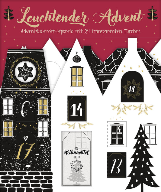 Auf dem Cover „Leuchtender Advent“ ist eine dekorative Stadtansicht mit mehreren stilisierten Häusern in Schwarz und Weiß zu sehen. Die Häuser sind mit goldenen Akzenten verziert, und der Hintergrund ist in einem warmen, roten Farbton gehalten. Die Zahlen der transparenten Türchen sind gut sichtbar, während ein geschmückter Weihnachtsbaum rechts im Bild steht. Der Titel ist in einer eleganten, goldenen Schriftart oben platziert. Ganz unten mittig steht der Logoschriftzug von...