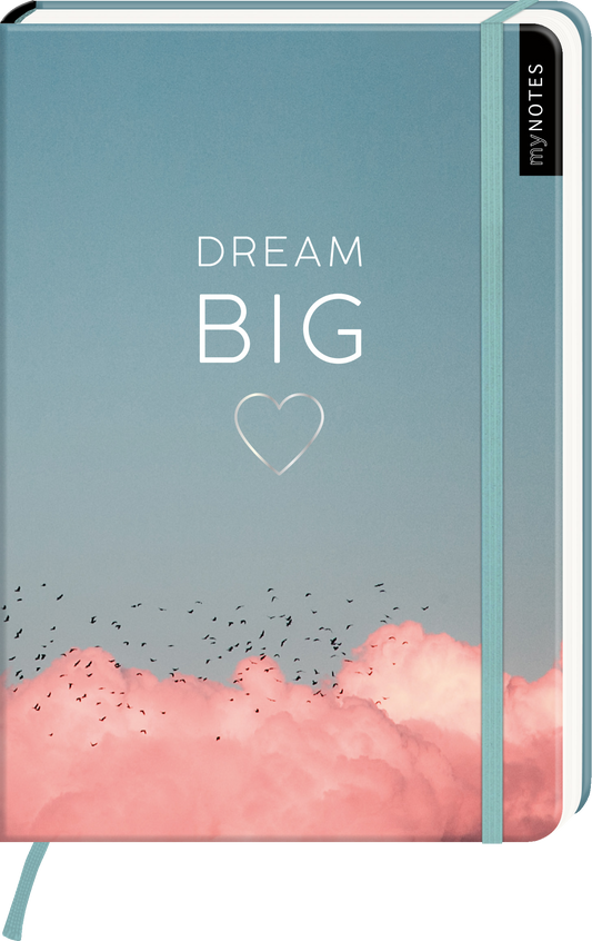 Das Buchcover zeigt einen sanften Farbverlauf mit einem Himmel in hellen Blau- und Rosatönen. Unten sind wolkenartige, pinkfarbene Formen angedeutet, über denen eine Gruppe kleiner Vögel fliegt. In der Mitte steht in großer, weißer Schrift das Wort „DREAM“ über „BIG“, ergänzt durch ein kleines Herzsymbol. Die Schriftarten wirken modern und einladend. Ganz oben rechts befindet sich der Schriftzug „myNOTES“. Ganz unten mittig steht der Logoschriftzug von arsEdition.