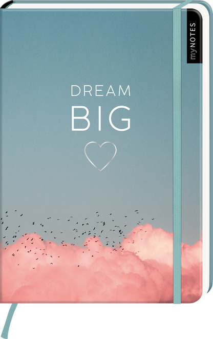 Das Buchcover zeigt einen sanften Farbverlauf mit einem Himmel in hellen Blau- und Rosatönen. Unten sind wolkenartige, pinkfarbene Formen angedeutet, über denen eine Gruppe kleiner Vögel fliegt. In der Mitte steht in großer, weißer Schrift das Wort „DREAM“ über „BIG“, ergänzt durch ein kleines Herzsymbol. Die Schriftarten wirken modern und einladend. Ganz oben rechts befindet sich der Schriftzug „myNOTES“. Ganz unten mittig steht der Logoschriftzug von arsEdition.