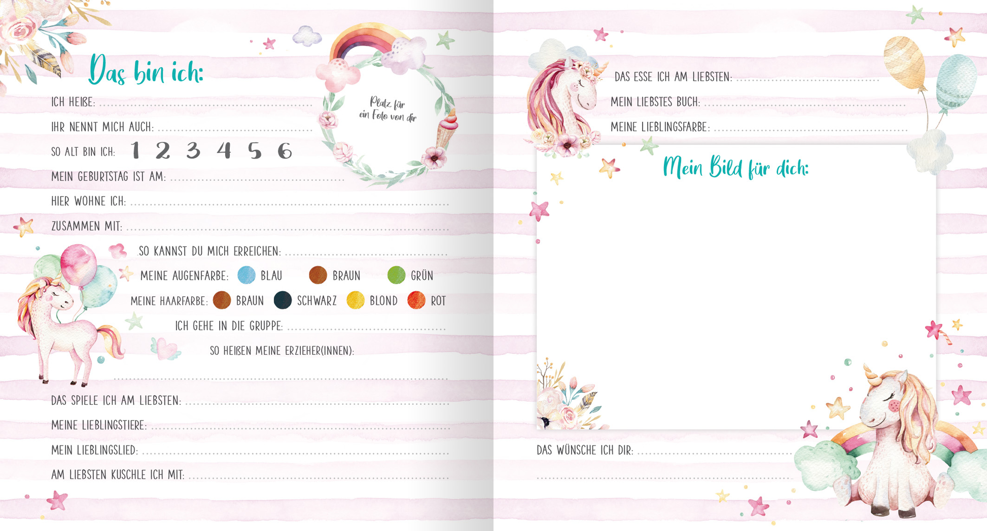 Gezeigt wird eine Innen- oder Zusatzansicht von „Meine ersten Freunde (Aquarell-Optik)“. Die Seite ist in sanften Pastellfarben gehalten, überwiegend in Rosa und Lila, mit bunten Illustrationen von Einhörnern und Luftballons. An der linken Seite befindet sich ein Abschnitt mit Fragen zur persönlichen Identität, umrahmt von verspielten Details. Der Text ist in einer freundlichen, kindgerechten Schriftart gehalten. Auf der rechten Seite steht ein leerer Bereich mit der Überschrift...