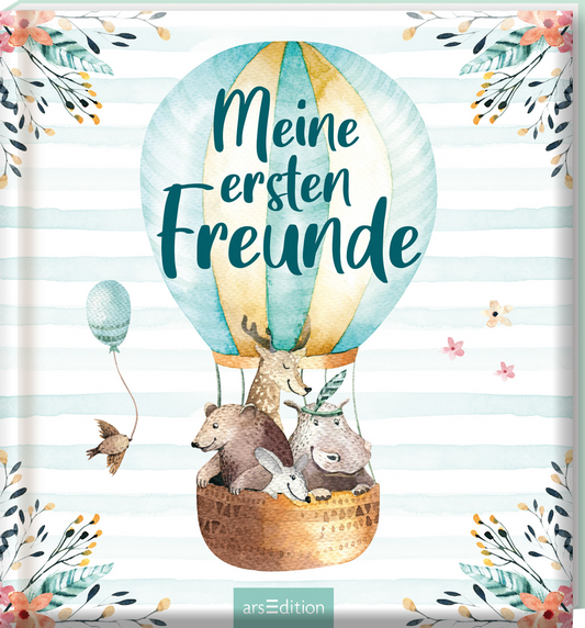 Das Buchcover zeigt einen hellen, pastellfarbenen Hintergrund mit horizontalen Streifen in sanften Blautönen. In der Mitte schwebt ein großer, farbenfroher Heißluftballon mit der Aufschrift „Meine ersten Freunde“ in ansprechender, handschriftlicher Typografie. Unter dem Ballon sind niedliche, stilisierte Tiere wie ein Bär, ein Reh und ein Hase abgebildet, die fröhlich in einem Korb sitzen. Links schwebt ein schlichter, blauer Luftballon. Ganz unten mittig steht der Logoschriftzug von...