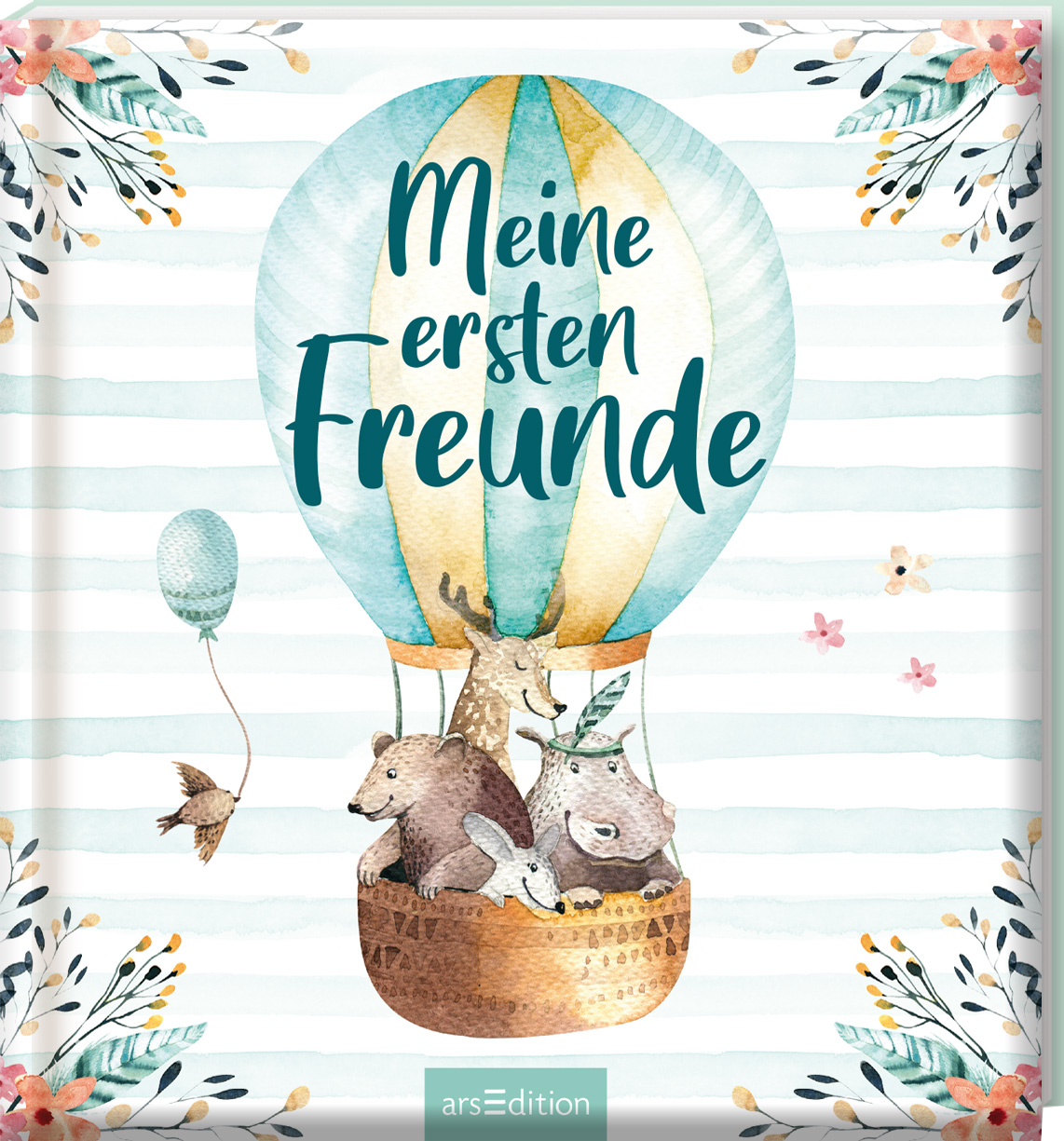 Das Buchcover zeigt einen hellen, pastellfarbenen Hintergrund mit horizontalen Streifen in sanften Blautönen. In der Mitte schwebt ein großer, farbenfroher Heißluftballon mit der Aufschrift „Meine ersten Freunde“ in ansprechender, handschriftlicher Typografie. Unter dem Ballon sind niedliche, stilisierte Tiere wie ein Bär, ein Reh und ein Hase abgebildet, die fröhlich in einem Korb sitzen. Links schwebt ein schlichter, blauer Luftballon. Ganz unten mittig steht der Logoschriftzug von...